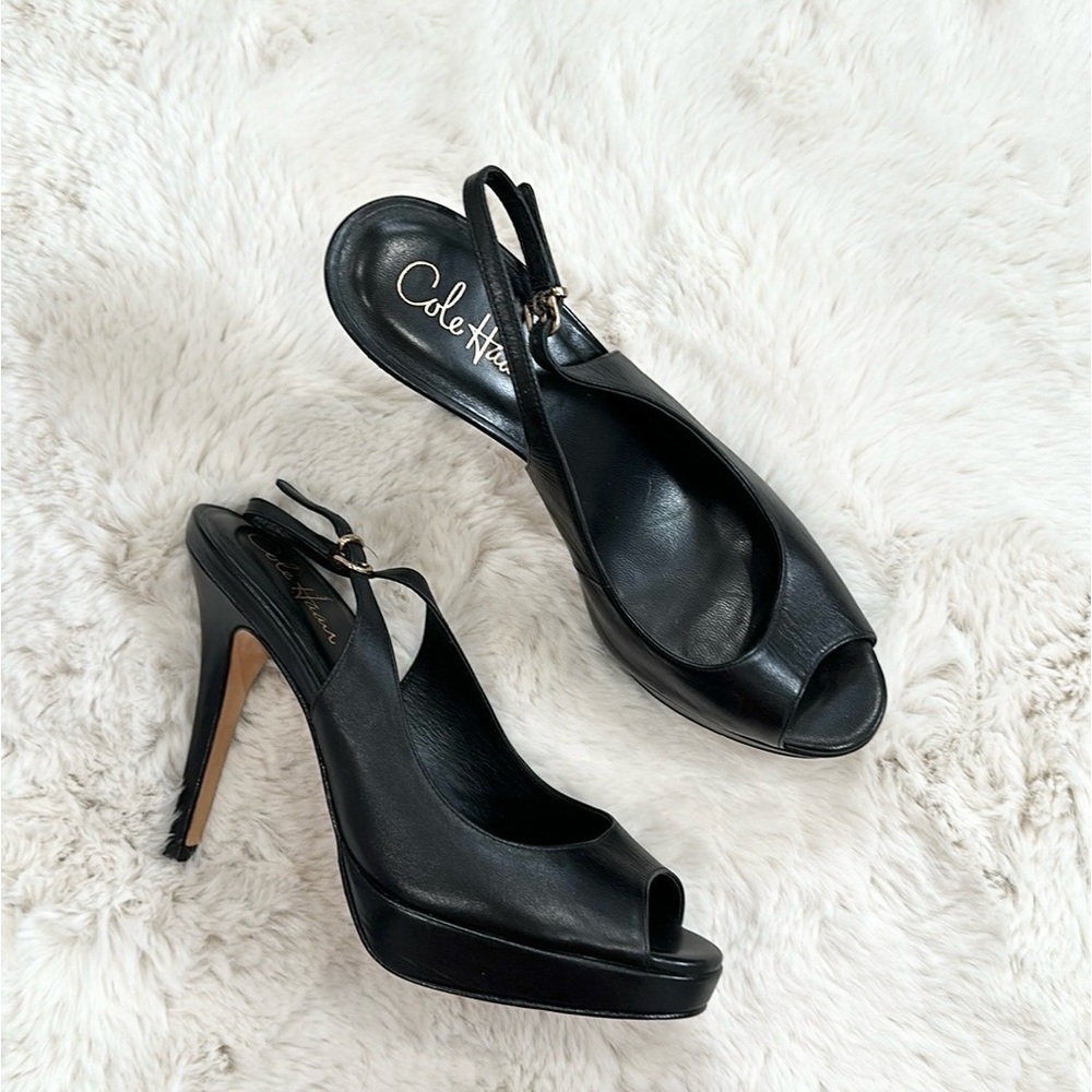 Cole Haan Leather Sling Back Peep Toe Heels Black size 8.5